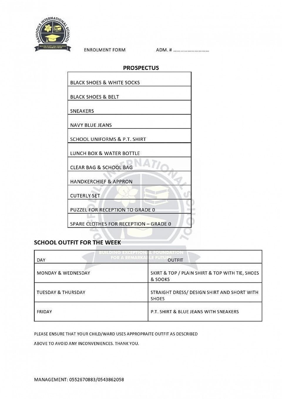 School prospectus: items each pupil needs and the school outfit for each day of the week